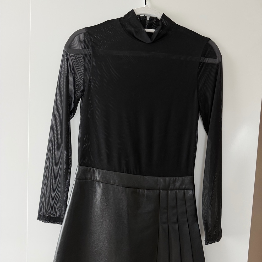 Alice + Olivia Black Mesh Long-Sleeve Dress with Pleated Faux-Leather Skirt